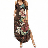 Kanoa Hawai'i Hibiscus Summer Maxi Dress Polynesian Tribal Tattoo Pattern Floral Elements LT9 Women Brown - Polynesian Pride