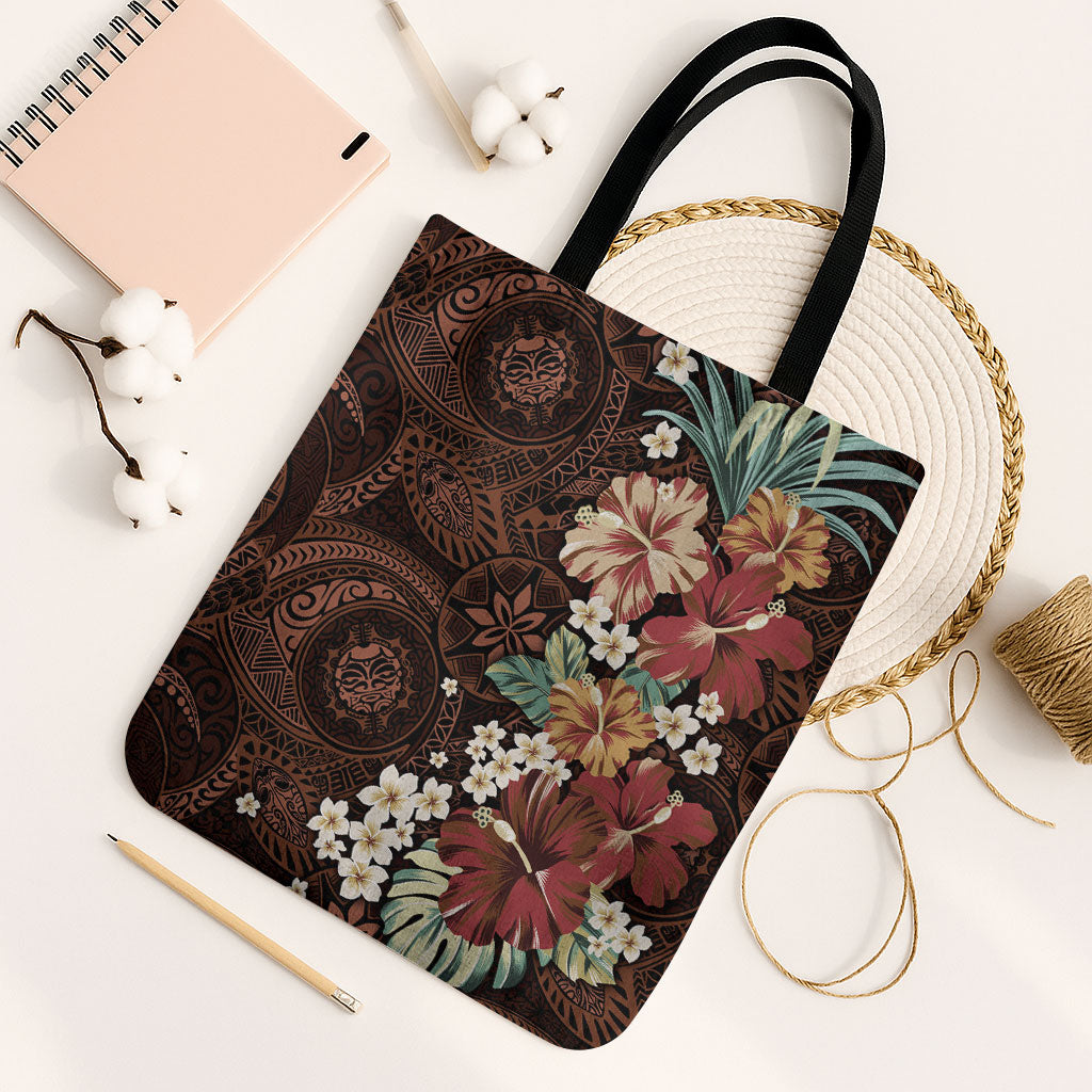 Kanoa Hawai'i Hibiscus Tote Bag Polynesian Tribal Tattoo Pattern Floral Elements LT9 Black Strap One Size Brown - Polynesian Pride