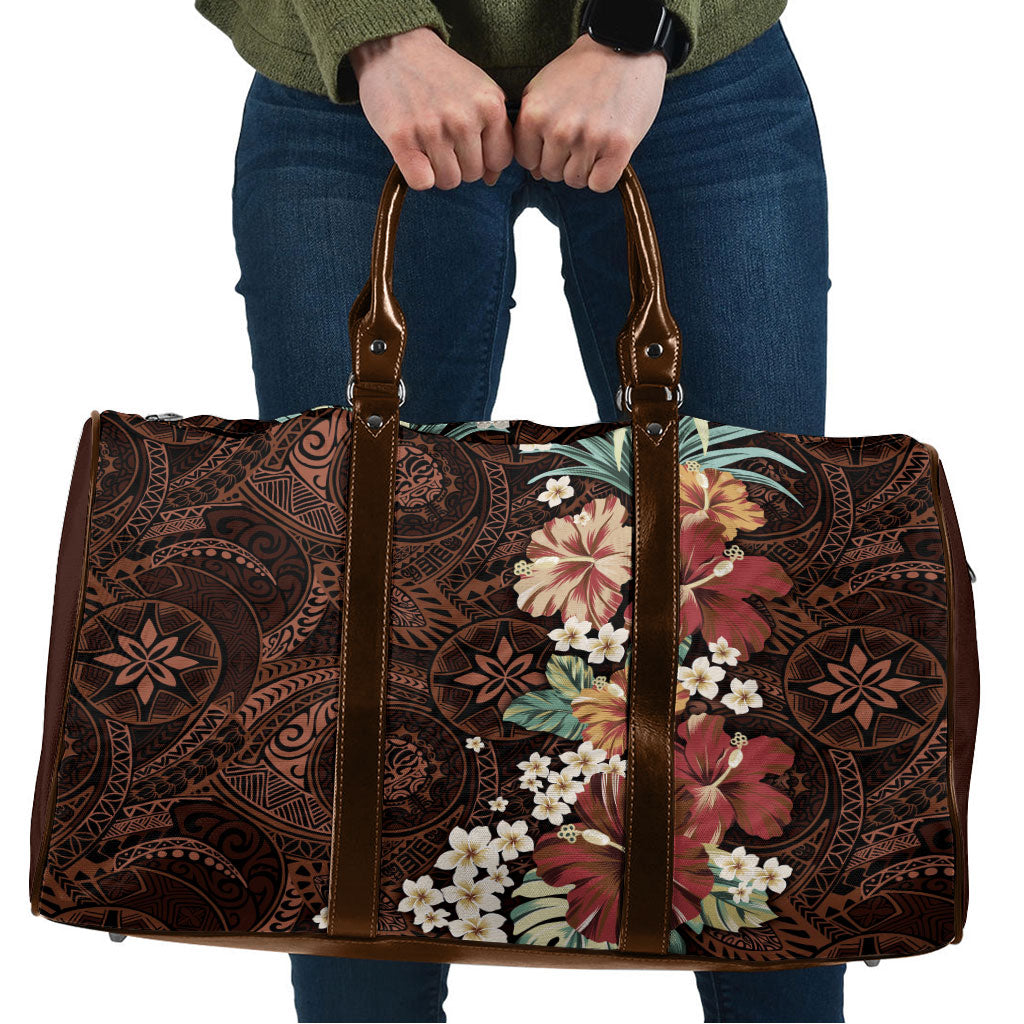 Kanoa Hawai'i Hibiscus Travel Bag Polynesian Tribal Tattoo Pattern Floral Elements LT9 Brown - Polynesian Pride