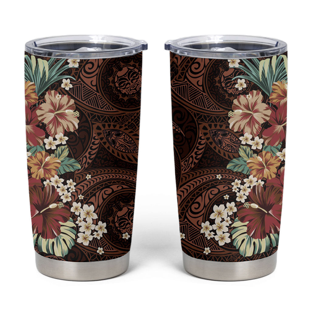 Kanoa Hawai'i Hibiscus Tumbler Cup Polynesian Tribal Tattoo Pattern Floral Elements LT9 Brown - Polynesian Pride