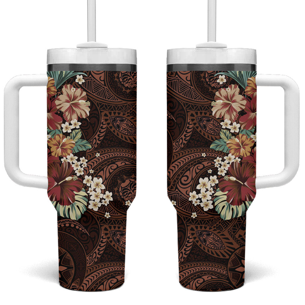 Kanoa Hawai'i Hibiscus Tumbler With Handle Polynesian Tribal Tattoo Pattern Floral Elements LT9 One Size: 40 oz Brown - Polynesian Pride