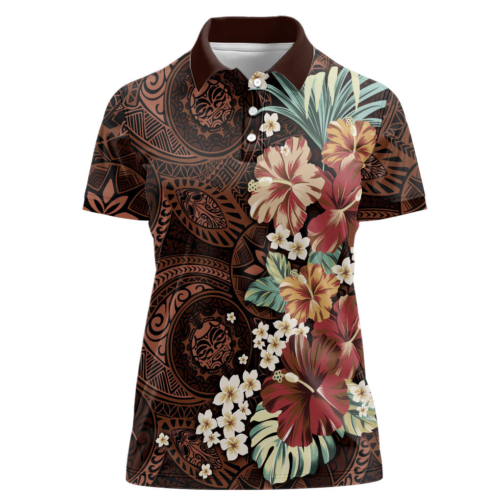 Kanoa Hawai'i Hibiscus Women Polo Shirt Polynesian Tribal Tattoo Pattern Floral Elements LT9 Female Brown - Polynesian Pride