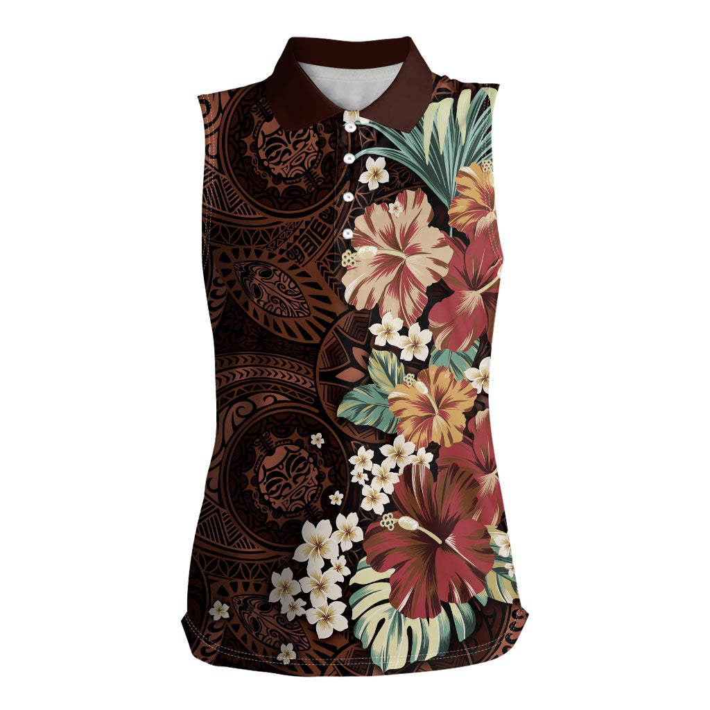 Kanoa Hawai'i Hibiscus Women Sleeveless Polo Shirt Polynesian Tribal Tattoo Pattern Floral Elements LT9 Female Brown - Polynesian Pride
