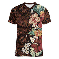 Kanoa Hawai'i Hibiscus Women V-Neck T-Shirt Polynesian Tribal Tattoo Pattern Floral Elements LT9 Female Brown - Polynesian Pride