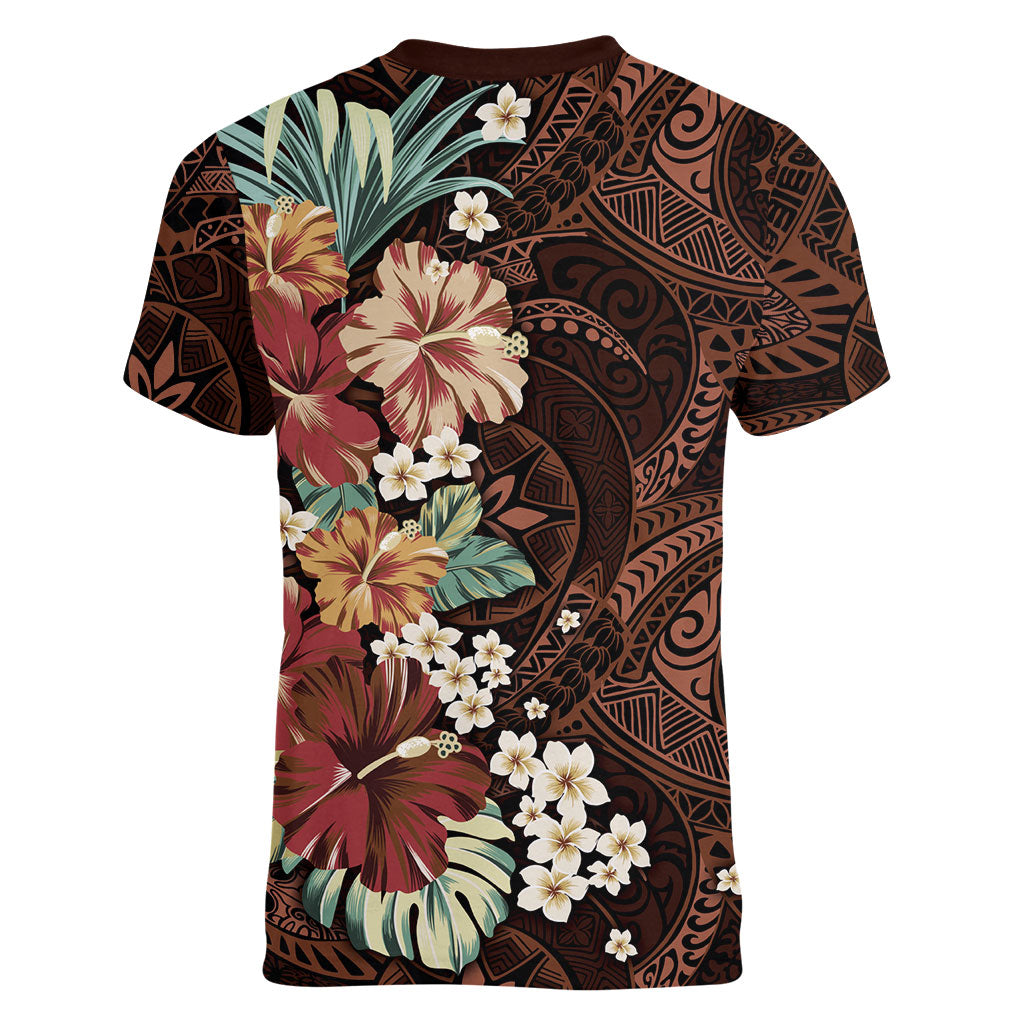 Kanoa Hawai'i Hibiscus Women V-Neck T-Shirt Polynesian Tribal Tattoo Pattern Floral Elements LT9 - Polynesian Pride