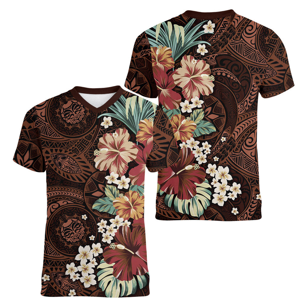 Kanoa Hawai'i Hibiscus Women V-Neck T-Shirt Polynesian Tribal Tattoo Pattern Floral Elements LT9 - Polynesian Pride