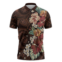 Kanoa Hawai'i Hibiscus Zipper Polo Shirt Polynesian Tribal Tattoo Pattern Floral Elements LT9 Brown - Polynesian Pride