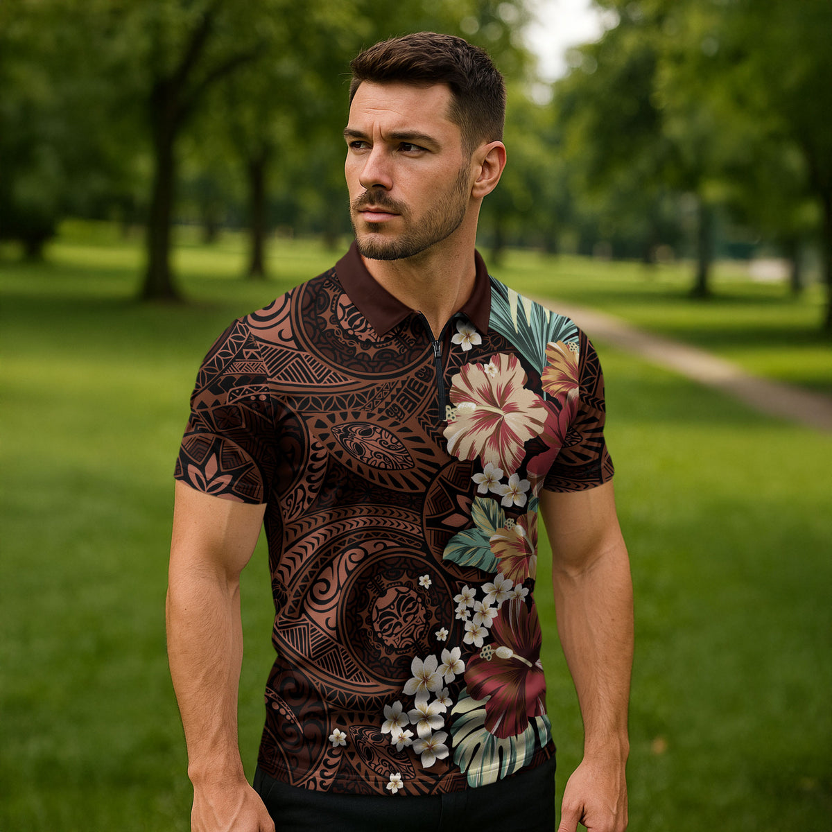 Kanoa Hawai'i Hibiscus Zipper Polo Shirt Polynesian Tribal Tattoo Pattern Floral Elements LT9 - Polynesian Pride