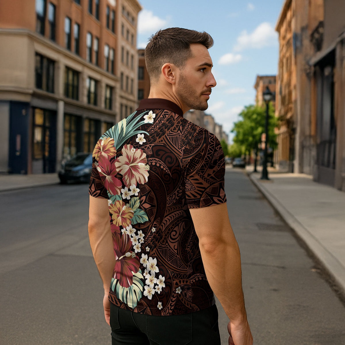 Kanoa Hawai'i Hibiscus Zipper Polo Shirt Polynesian Tribal Tattoo Pattern Floral Elements LT9 - Polynesian Pride