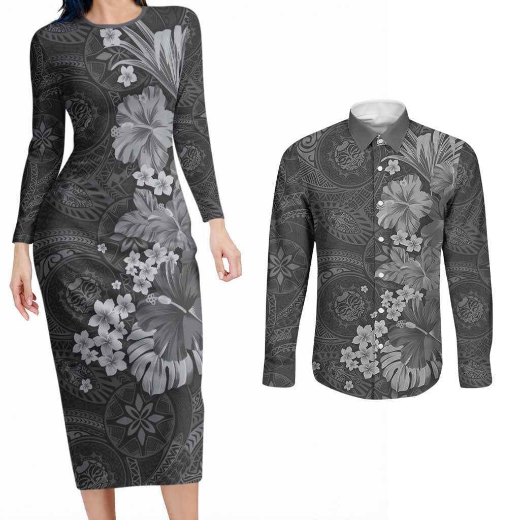 Pauli Hawai'i Hibiscus Couples Matching Long Sleeve Bodycon Dress and Long Sleeve Button Shirt Polynesian Tribal Tattoo Pattern Floral Elements LT9 Soft Black - Polynesian Pride