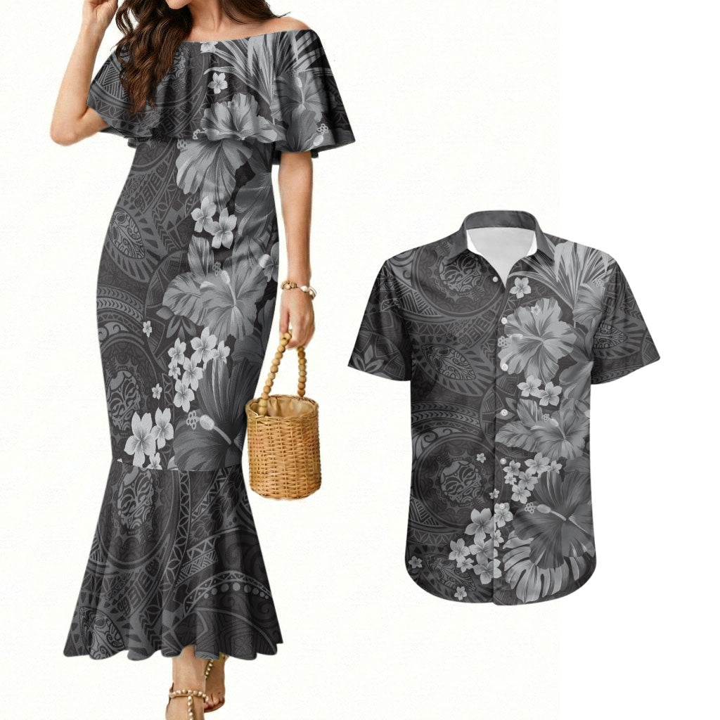 Pauli Hawai'i Hibiscus Couples Matching Mermaid Dress and Hawaiian Shirt Polynesian Tribal Tattoo Pattern Floral Elements LT9 Soft Black - Polynesian Pride