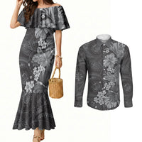 Pauli Hawai'i Hibiscus Couples Matching Mermaid Dress and Long Sleeve Button Shirt Polynesian Tribal Tattoo Pattern Floral Elements LT9 Soft Black - Polynesian Pride