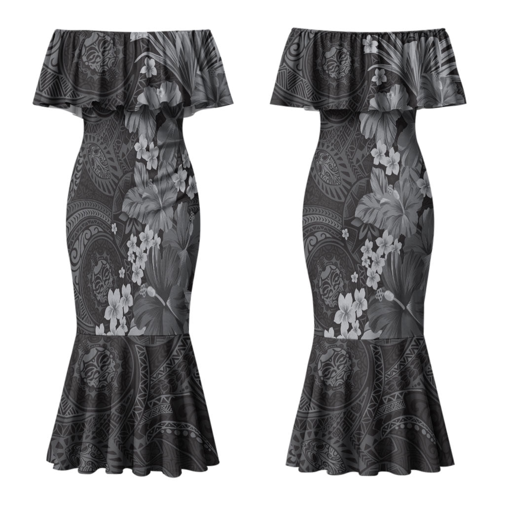 Pauli Hawai'i Hibiscus Couples Matching Mermaid Dress and Long Sleeve Button Shirt Polynesian Tribal Tattoo Pattern Floral Elements LT9 - Polynesian Pride