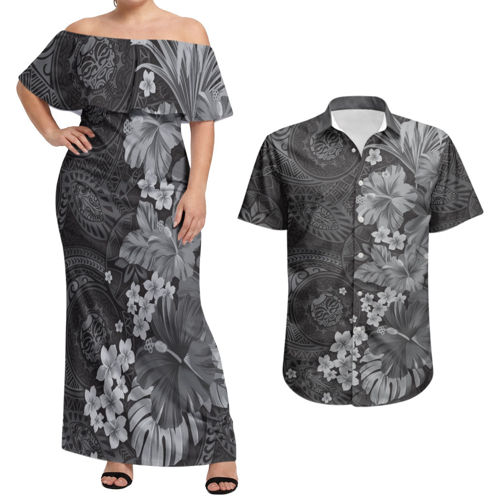 Pauli Hawai'i Hibiscus Couples Matching Off Shoulder Maxi Dress and Hawaiian Shirt Polynesian Tribal Tattoo Pattern Floral Elements LT9 Soft Black - Polynesian Pride