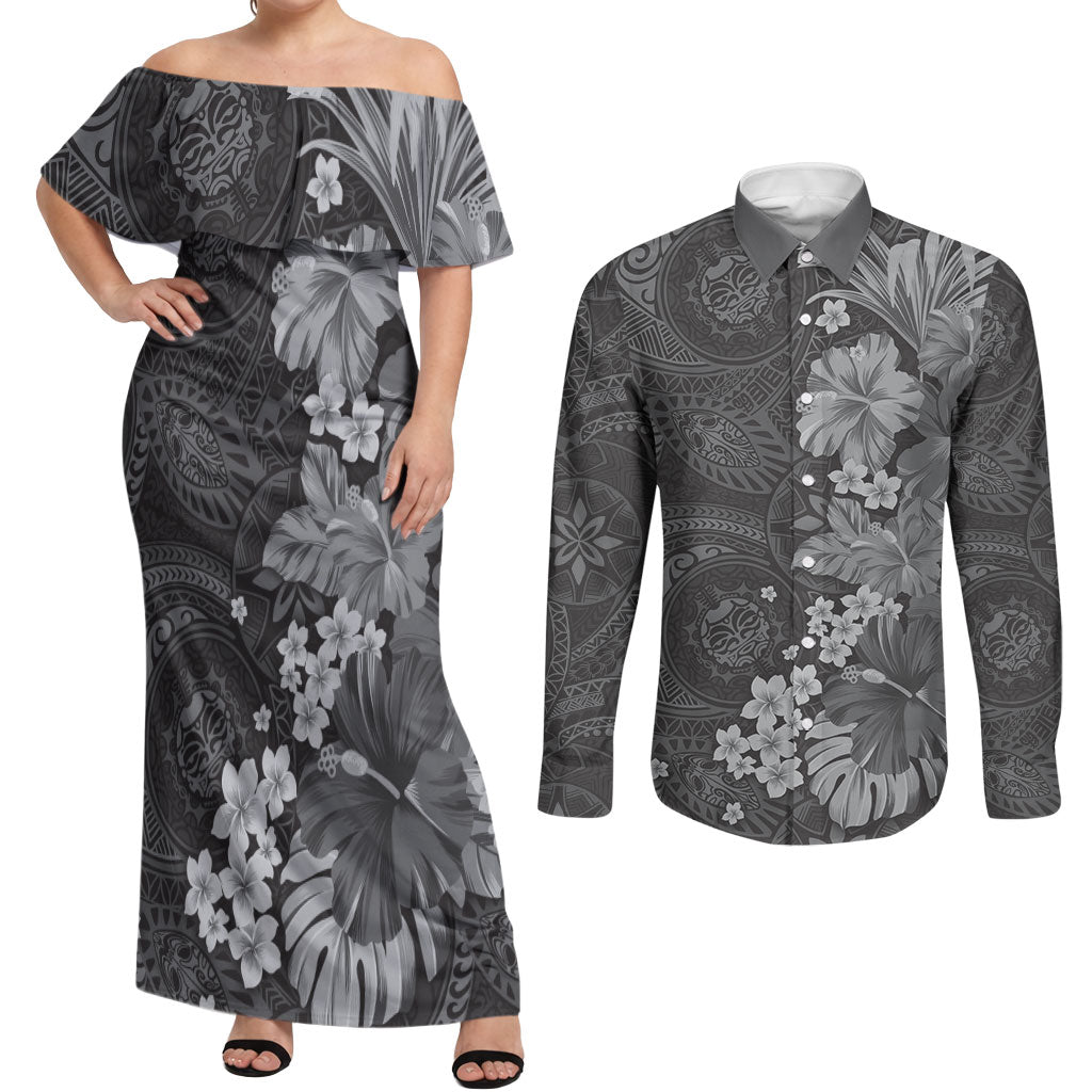 Pauli Hawai'i Hibiscus Couples Matching Off Shoulder Maxi Dress and Long Sleeve Button Shirt Polynesian Tribal Tattoo Pattern Floral Elements LT9 Soft Black - Polynesian Pride