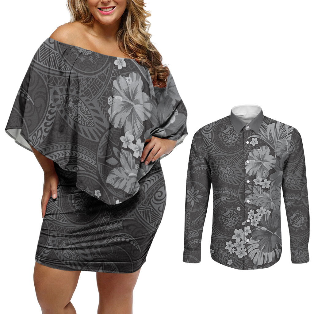 Pauli Hawai'i Hibiscus Couples Matching Off Shoulder Short Dress and Long Sleeve Button Shirt Polynesian Tribal Tattoo Pattern Floral Elements LT9 Soft Black - Polynesian Pride