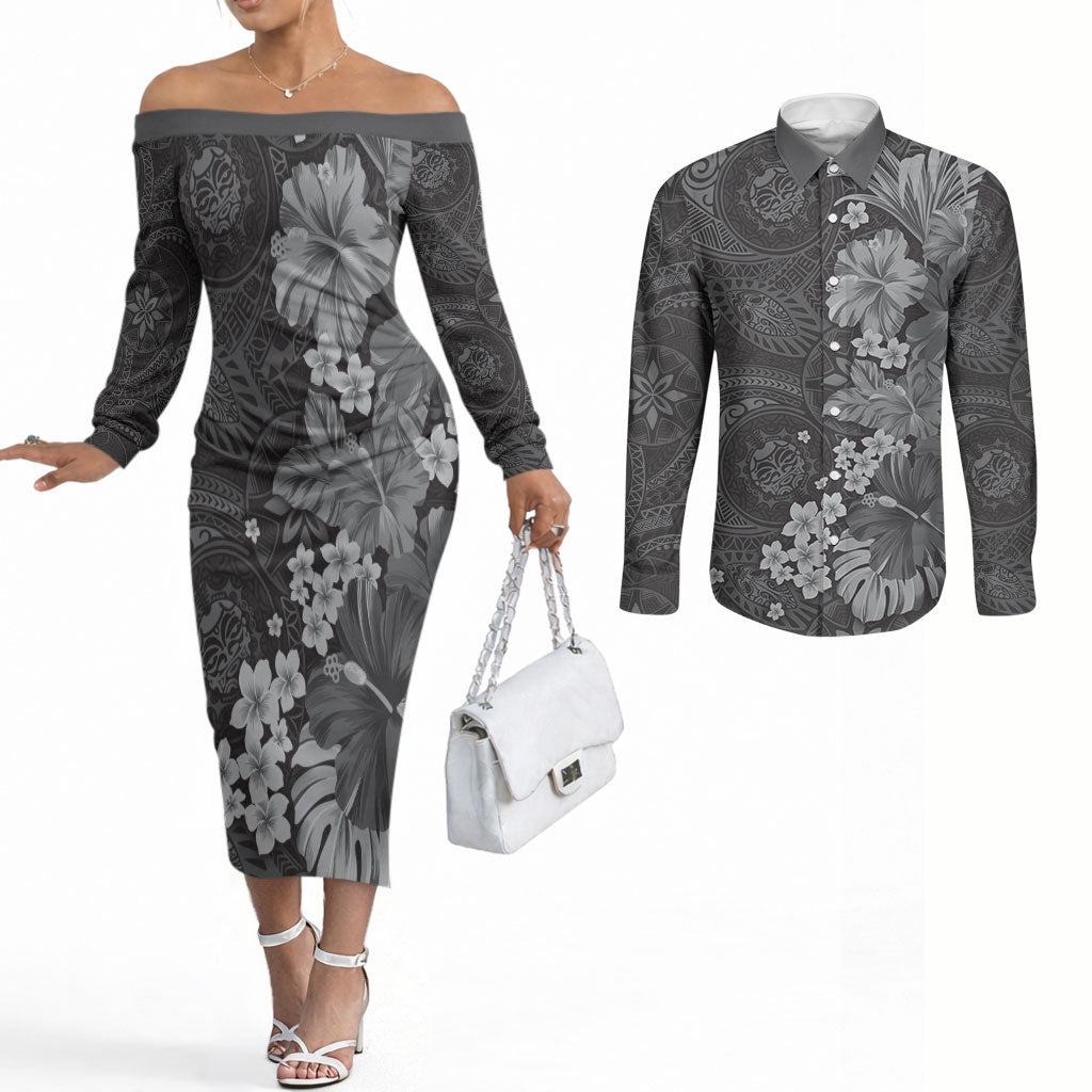 Pauli Hawai'i Hibiscus Couples Matching Off The Shoulder Long Sleeve Dress and Long Sleeve Button Shirt Polynesian Tribal Tattoo Pattern Floral Elements LT9 Soft Black - Polynesian Pride
