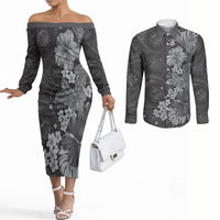 Pauli Hawai'i Hibiscus Couples Matching Off The Shoulder Long Sleeve Dress and Long Sleeve Button Shirt Polynesian Tribal Tattoo Pattern Floral Elements LT9 Soft Black - Polynesian Pride