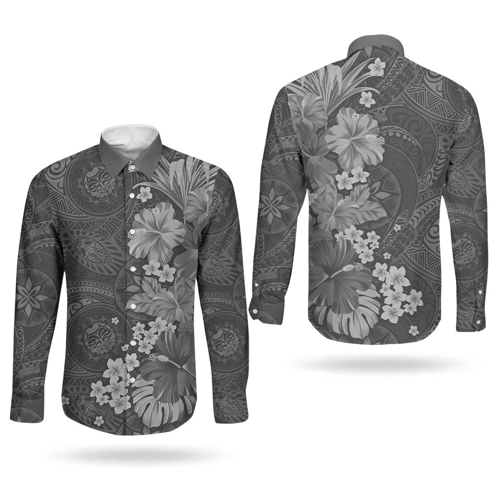 Pauli Hawai'i Hibiscus Couples Matching Off The Shoulder Long Sleeve Dress and Long Sleeve Button Shirt Polynesian Tribal Tattoo Pattern Floral Elements LT9 - Polynesian Pride
