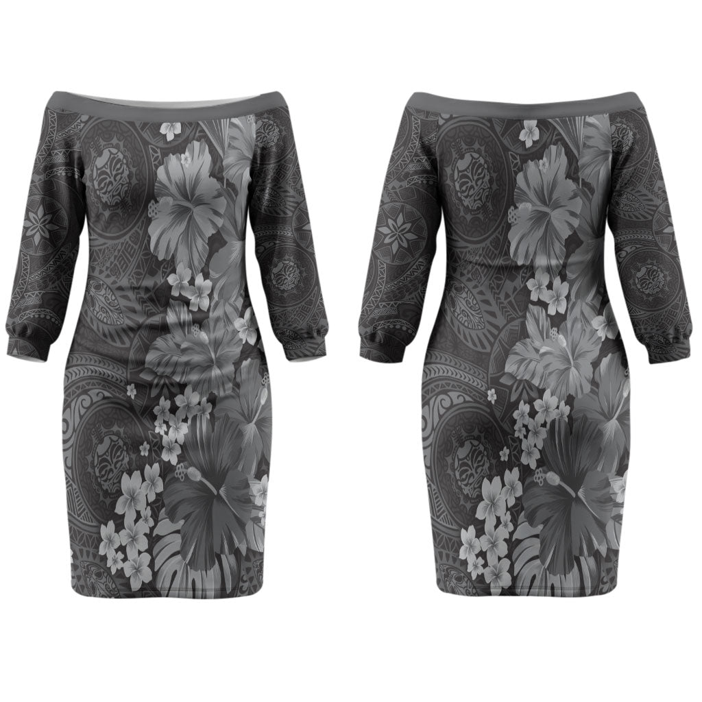 Pauli Hawai'i Hibiscus Couples Matching Off The Shoulder Long Sleeve Dress and Long Sleeve Button Shirt Polynesian Tribal Tattoo Pattern Floral Elements LT9 - Polynesian Pride