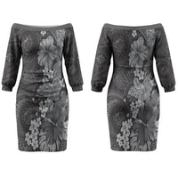 Pauli Hawai'i Hibiscus Couples Matching Off The Shoulder Long Sleeve Dress and Long Sleeve Button Shirt Polynesian Tribal Tattoo Pattern Floral Elements LT9 - Polynesian Pride