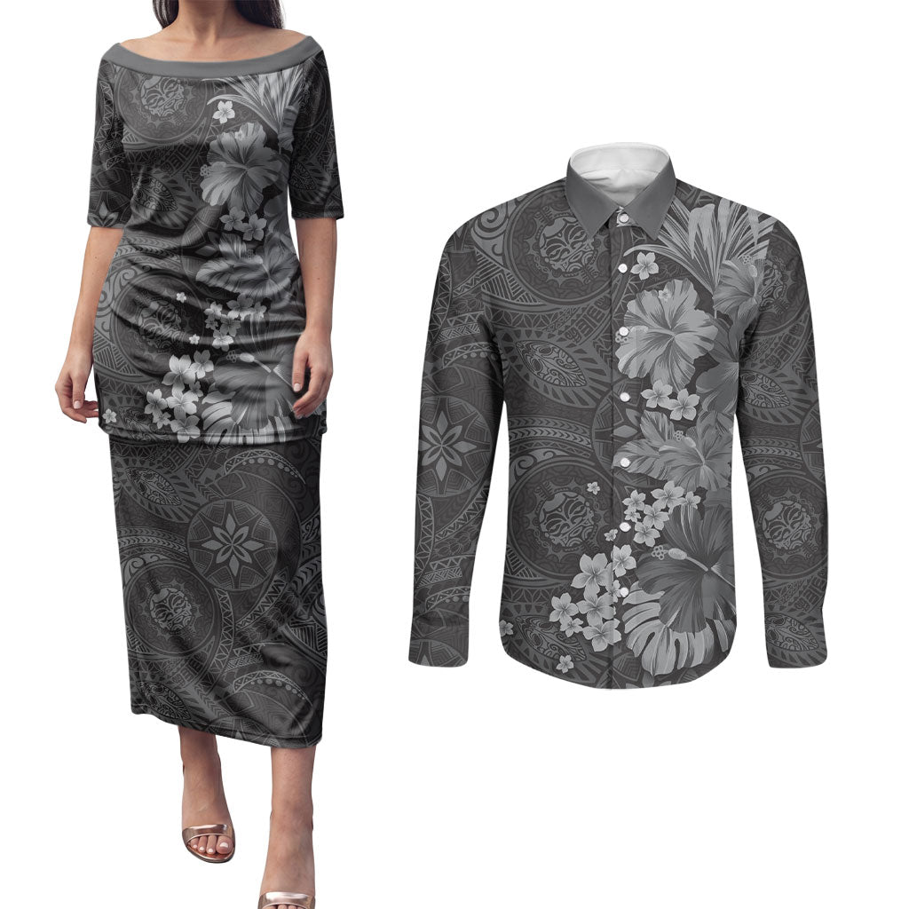 Pauli Hawai'i Hibiscus Couples Matching Puletasi and Long Sleeve Button Shirt Polynesian Tribal Tattoo Pattern Floral Elements LT9 Soft Black - Polynesian Pride