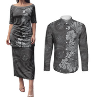 Pauli Hawai'i Hibiscus Couples Matching Puletasi and Long Sleeve Button Shirt Polynesian Tribal Tattoo Pattern Floral Elements LT9 Soft Black - Polynesian Pride
