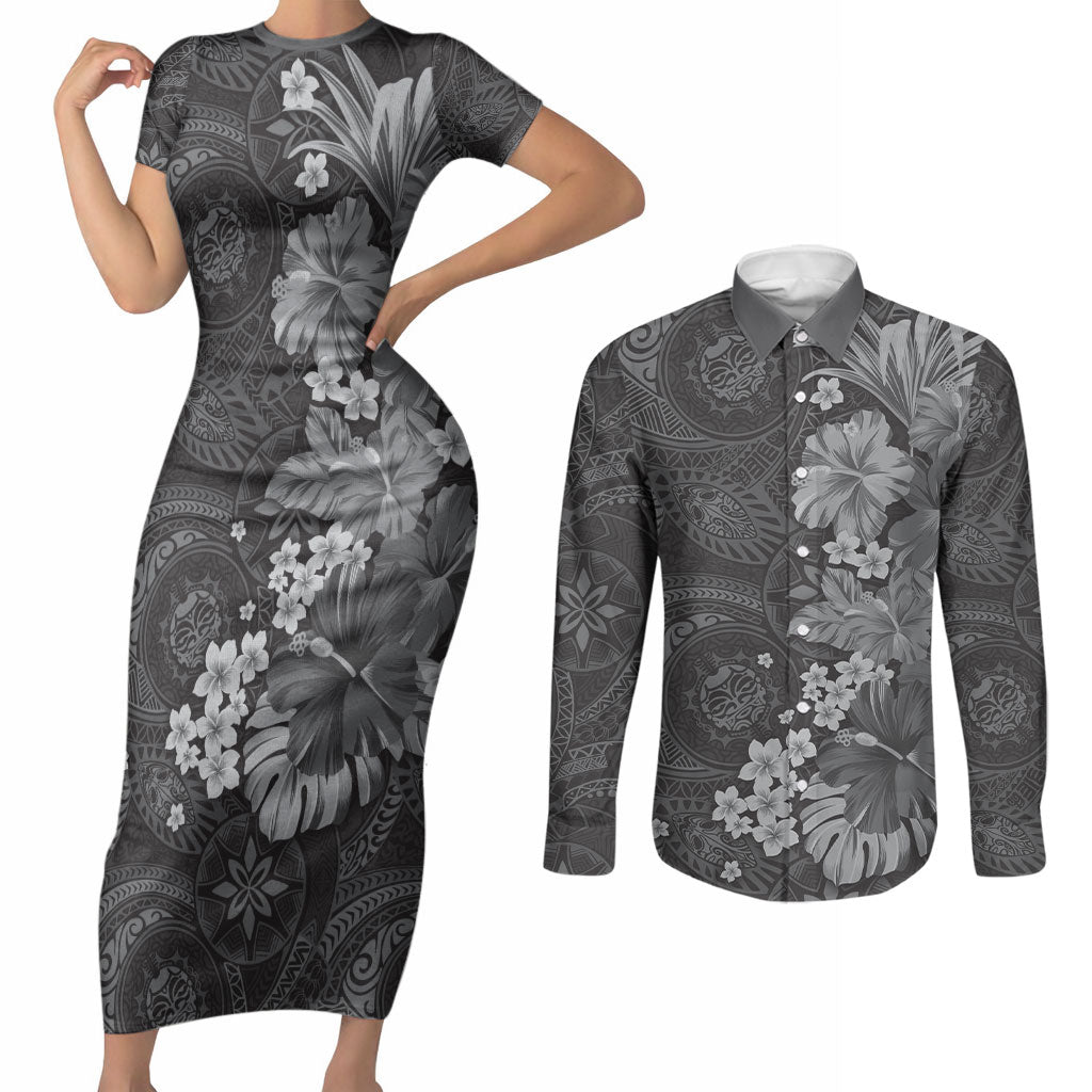 Pauli Hawai'i Hibiscus Couples Matching Short Sleeve Bodycon Dress and Long Sleeve Button Shirt Polynesian Tribal Tattoo Pattern Floral Elements LT9 Soft Black - Polynesian Pride