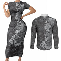 Pauli Hawai'i Hibiscus Couples Matching Short Sleeve Bodycon Dress and Long Sleeve Button Shirt Polynesian Tribal Tattoo Pattern Floral Elements LT9 Soft Black - Polynesian Pride