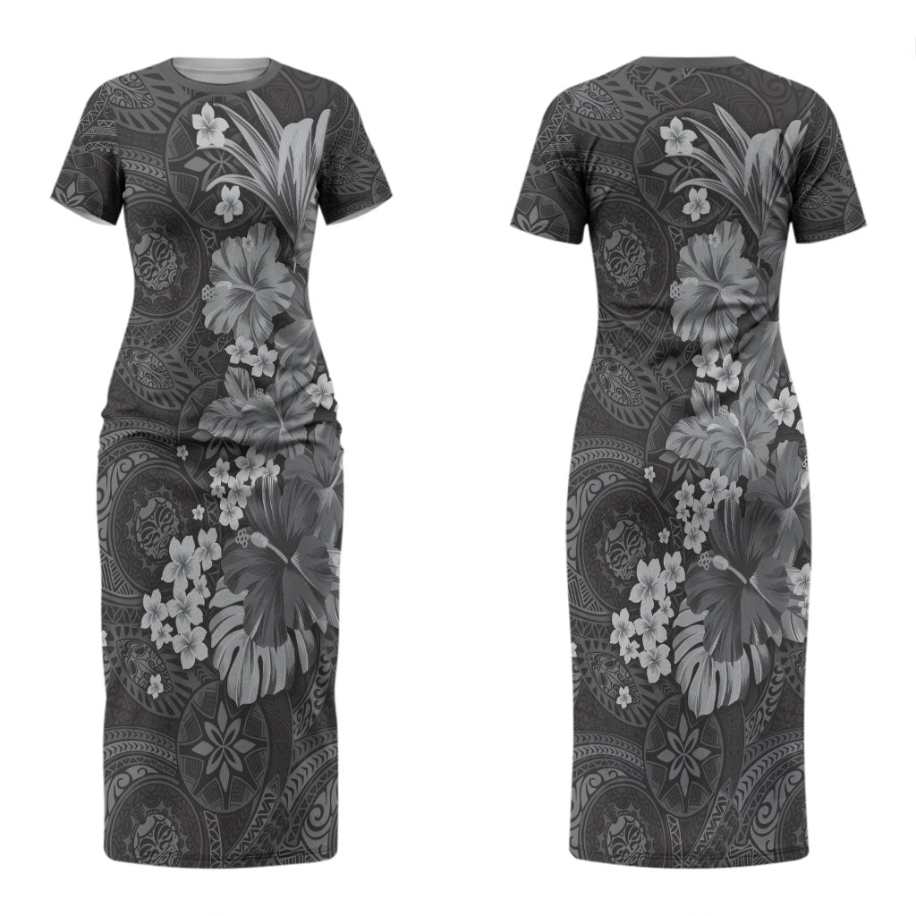 Pauli Hawai'i Hibiscus Couples Matching Short Sleeve Bodycon Dress and Long Sleeve Button Shirt Polynesian Tribal Tattoo Pattern Floral Elements LT9 - Polynesian Pride