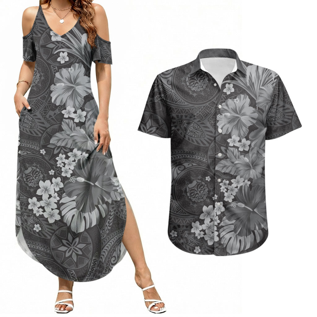 Pauli Hawai'i Hibiscus Couples Matching Summer Maxi Dress and Hawaiian Shirt Polynesian Tribal Tattoo Pattern Floral Elements LT9 Soft Black - Polynesian Pride