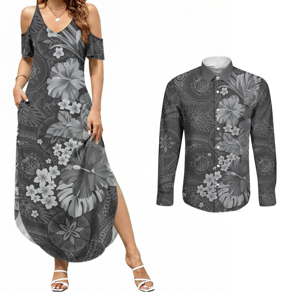 Pauli Hawai'i Hibiscus Couples Matching Summer Maxi Dress and Long Sleeve Button Shirt Polynesian Tribal Tattoo Pattern Floral Elements LT9 Soft Black - Polynesian Pride