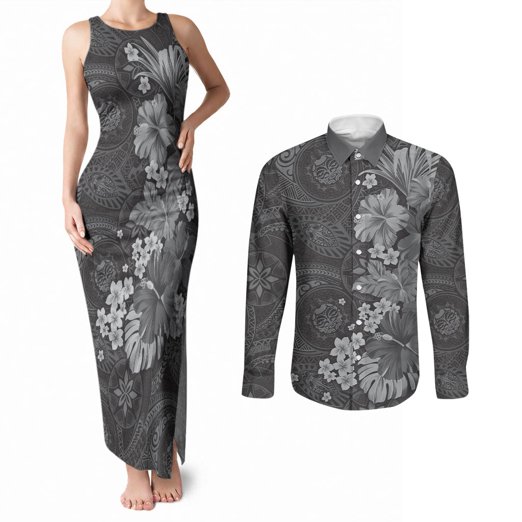 Pauli Hawai'i Hibiscus Couples Matching Tank Maxi Dress and Long Sleeve Button Shirt Polynesian Tribal Tattoo Pattern Floral Elements LT9 Soft Black - Polynesian Pride