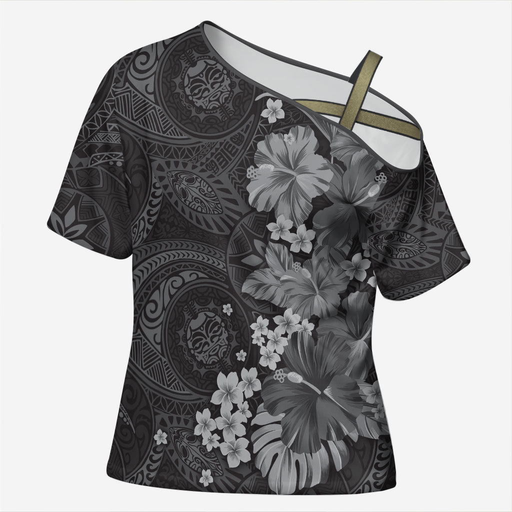 Pauli Hawai'i Hibiscus Cross Shoulder Shirt Polynesian Tribal Tattoo Pattern Floral Elements LT9 Female Soft Black - Polynesian Pride