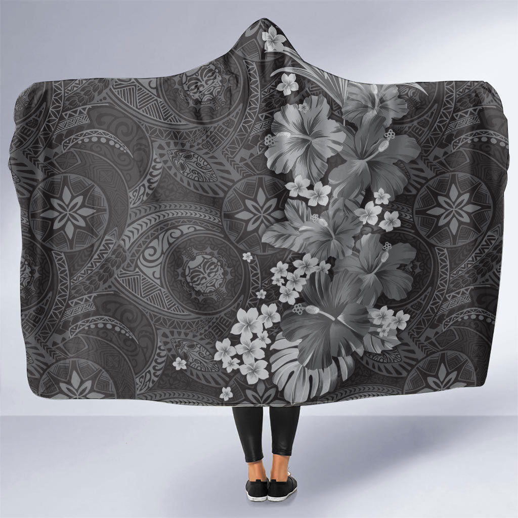 Pauli Hawai'i Hibiscus Hooded Blanket Polynesian Tribal Tattoo Pattern Floral Elements LT9 One Size Soft Black - Polynesian Pride