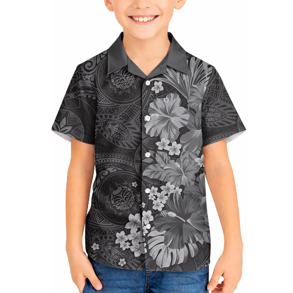 Pauli Hawai'i Hibiscus Kid Hawaiian Shirt Polynesian Tribal Tattoo Pattern Floral Elements LT9 Kid Soft Black - Polynesian Pride