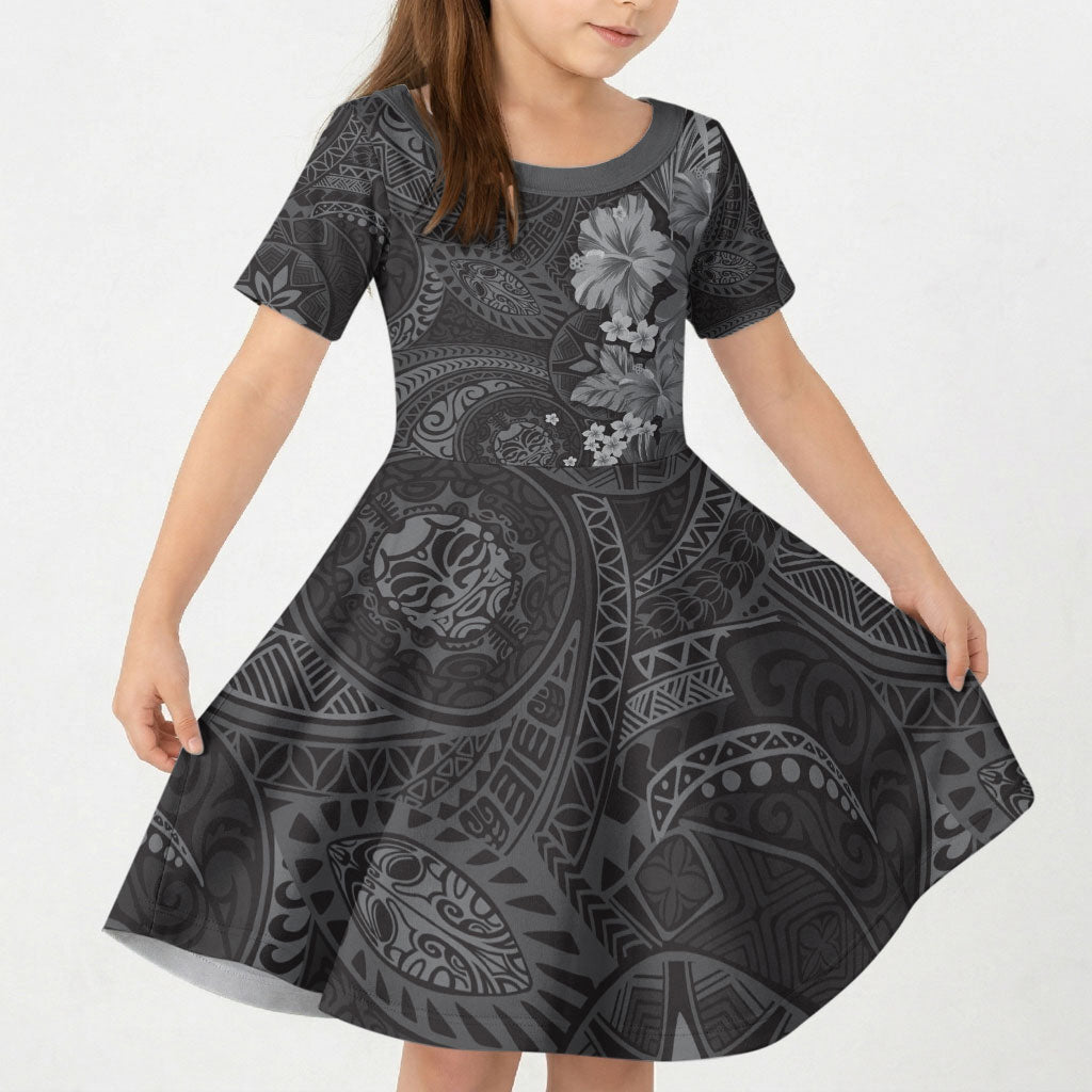 Pauli Hawai'i Hibiscus Kid Short Sleeve Dress Polynesian Tribal Tattoo Pattern Floral Elements LT9 KID Soft Black - Polynesian Pride