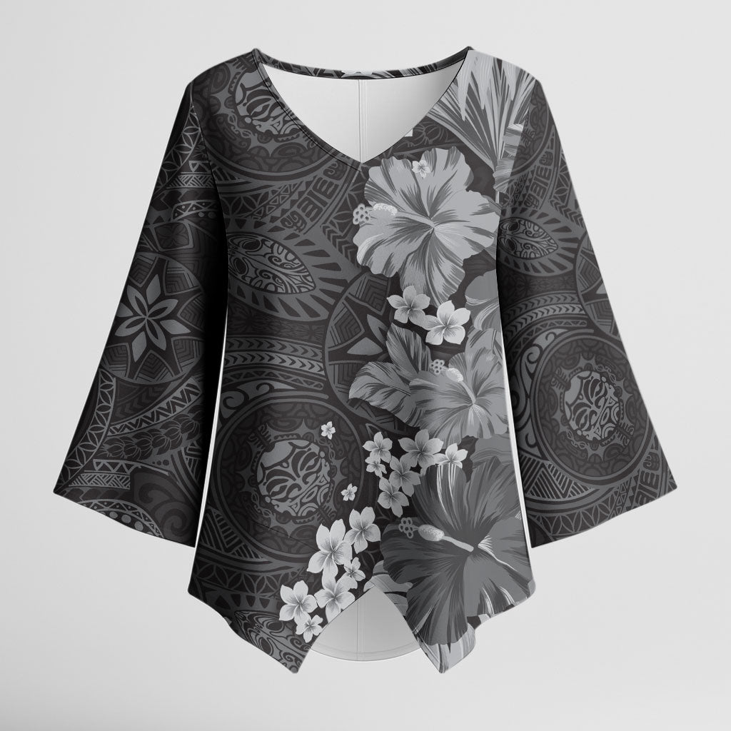 Pauli Hawai'i Hibiscus Kimono Sleeve Blouse Polynesian Tribal Tattoo Pattern Floral Elements LT9 Female Soft Black - Polynesian Pride
