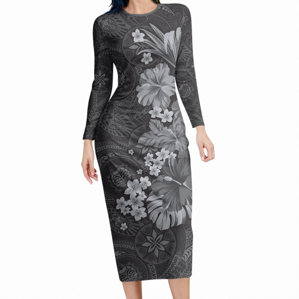 Pauli Hawai'i Hibiscus Long Sleeve Bodycon Dress Polynesian Tribal Tattoo Pattern Floral Elements LT9 Long Dress Soft Black - Polynesian Pride