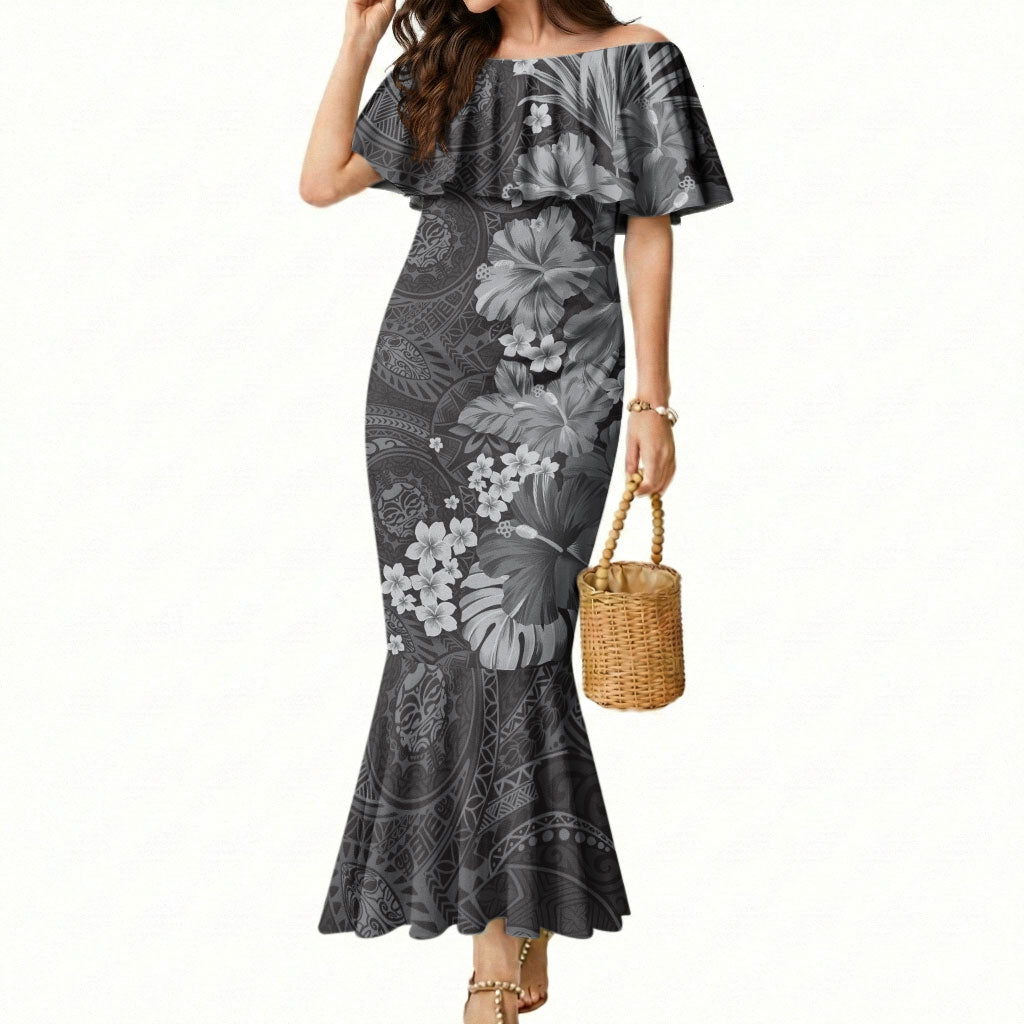 Pauli Hawai'i Hibiscus Mermaid Dress Polynesian Tribal Tattoo Pattern Floral Elements LT9 Women Soft Black - Polynesian Pride