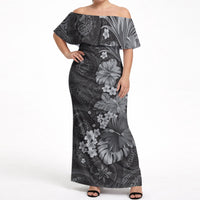 Pauli Hawai'i Hibiscus Off Shoulder Maxi Dress Polynesian Tribal Tattoo Pattern Floral Elements LT9 Women Soft Black - Polynesian Pride