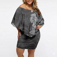 Pauli Hawai'i Hibiscus Off Shoulder Short Dress Polynesian Tribal Tattoo Pattern Floral Elements LT9 Women Soft Black - Polynesian Pride