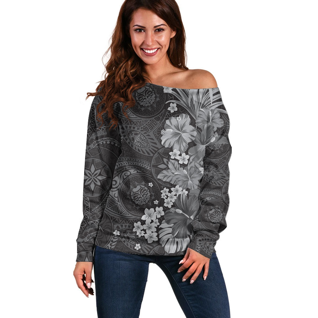 Pauli Hawai'i Hibiscus Off Shoulder Sweater Polynesian Tribal Tattoo Pattern Floral Elements LT9 Women Soft Black - Polynesian Pride