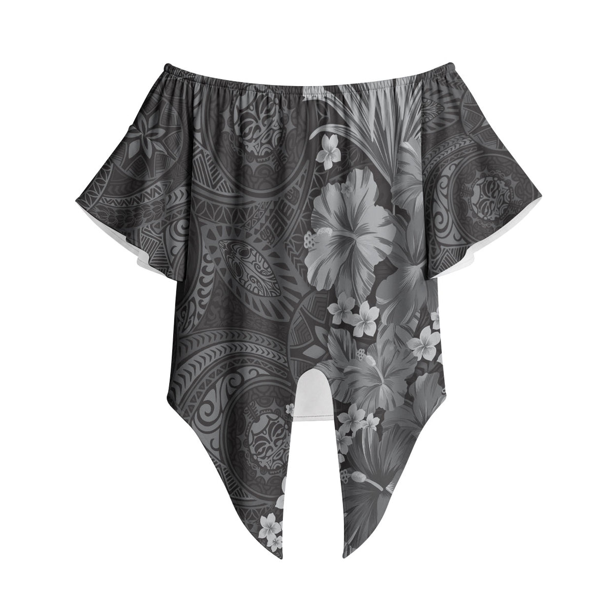 Pauli Hawai'i Hibiscus Off Shoulder Wrap Waist Top Polynesian Tribal Tattoo Pattern Floral Elements LT9 Soft Black - Polynesian Pride