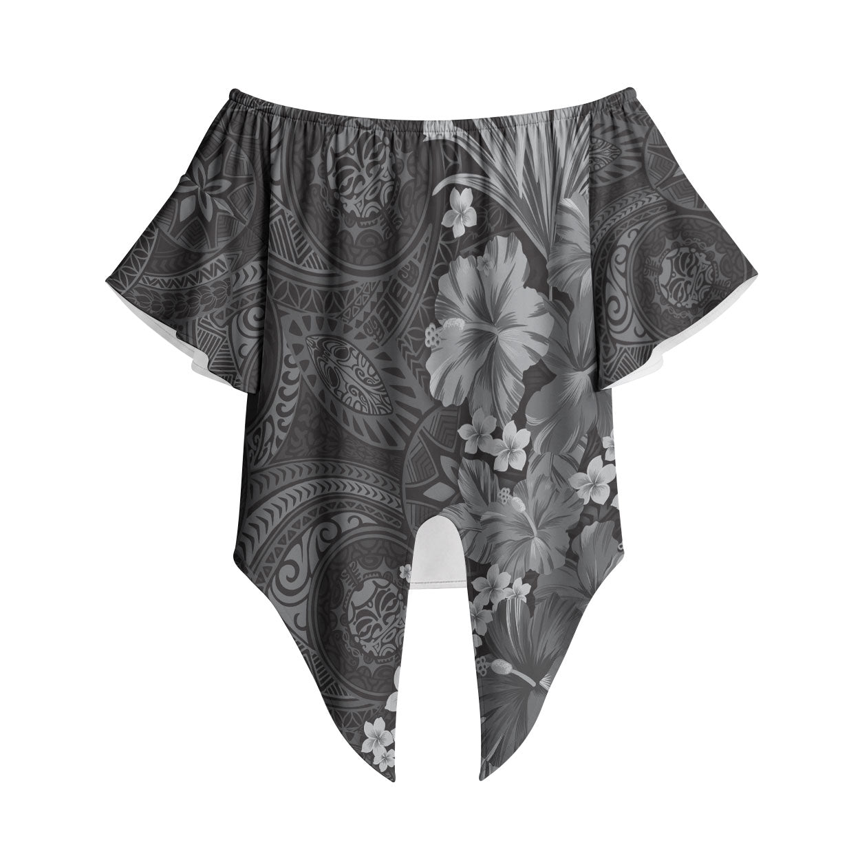 Pauli Hawai'i Hibiscus Off Shoulder Wrap Waist Top Polynesian Tribal Tattoo Pattern Floral Elements LT9 Soft Black - Polynesian Pride