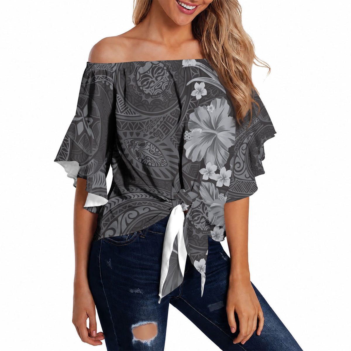 Pauli Hawai'i Hibiscus Off Shoulder Wrap Waist Top Polynesian Tribal Tattoo Pattern Floral Elements LT9 - Polynesian Pride