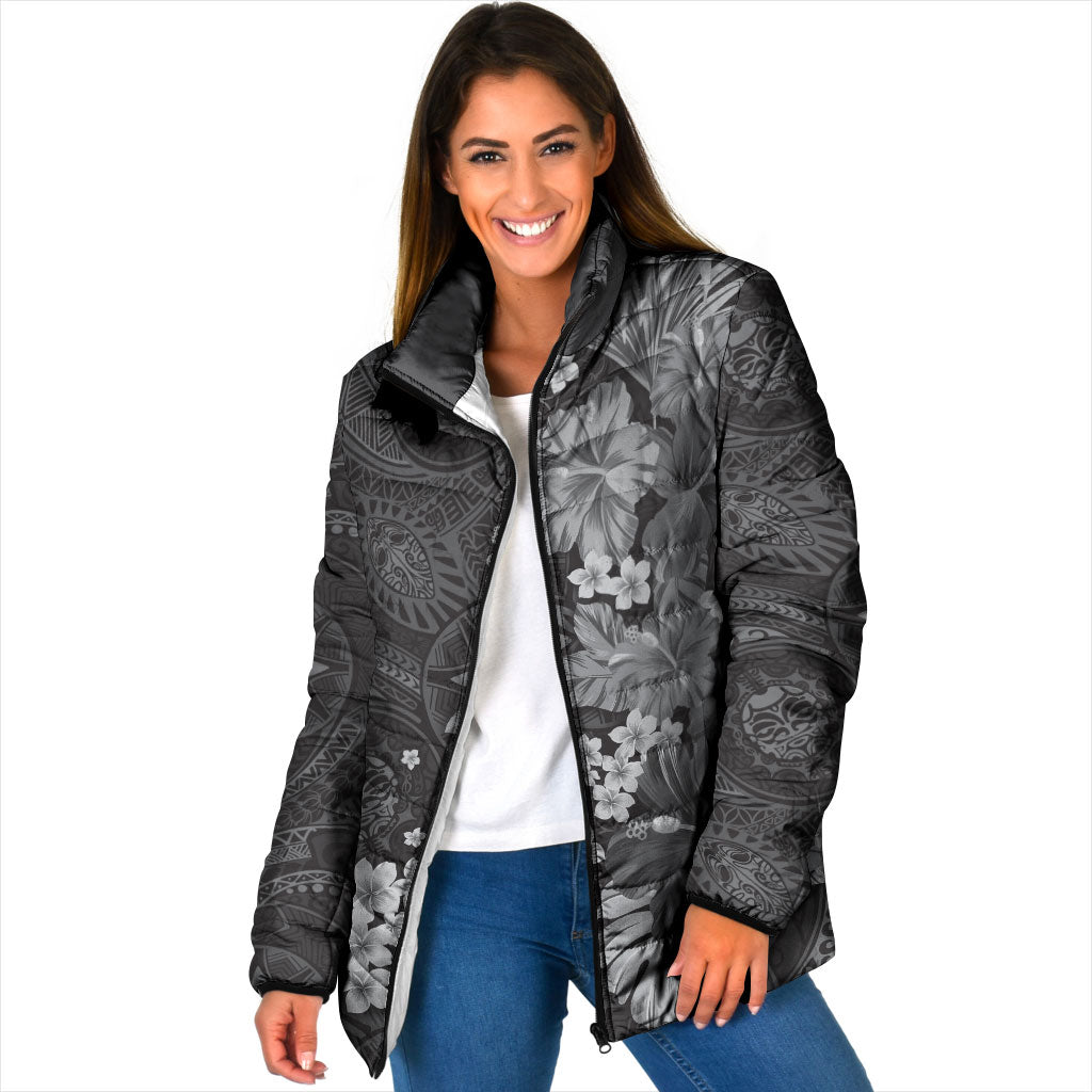 Pauli Hawai'i Hibiscus Padded Jacket Polynesian Tribal Tattoo Pattern Floral Elements LT9 Women Soft Black - Polynesian Pride
