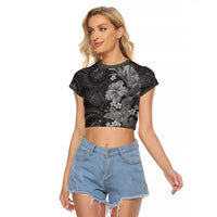 Pauli Hawai'i Hibiscus Raglan Cropped T Shirt Polynesian Tribal Tattoo Pattern Floral Elements LT9 Female Soft Black - Polynesian Pride