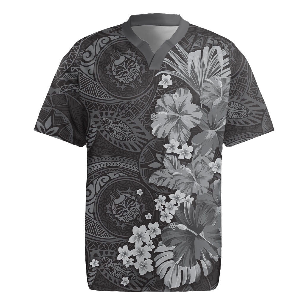 Pauli Hawai'i Hibiscus Rugby Jersey Polynesian Tribal Tattoo Pattern Floral Elements LT9 Soft Black - Polynesian Pride