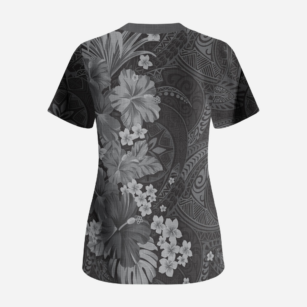 Pauli Hawai'i Hibiscus Scrub Top Polynesian Tribal Tattoo Pattern Floral Elements LT9 - Polynesian Pride